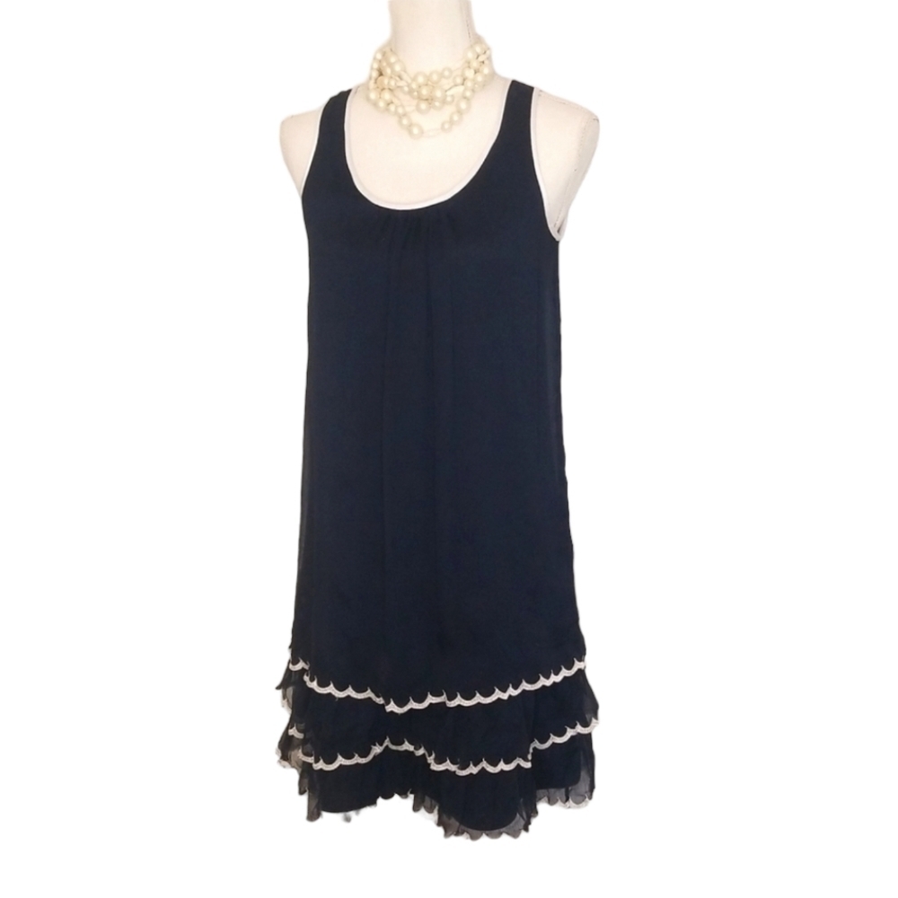 Doe & Rae Ruffle Layer Contrast Edging Tunic Dress. Sleeveless Shear Navy  NWOT